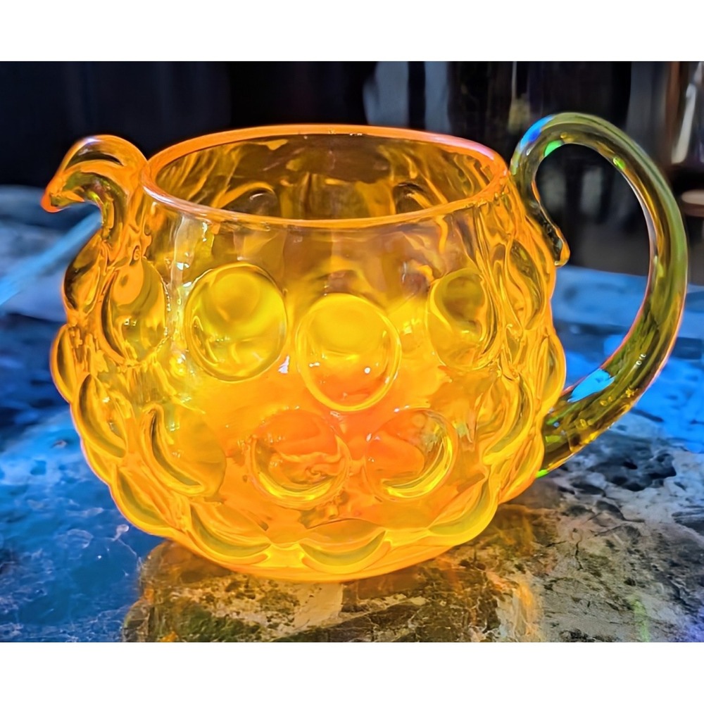 VTG Amber Blenko Vineyard 48 Oz Cadmium Glow Bubble Handle Pitcher  Blown Glass